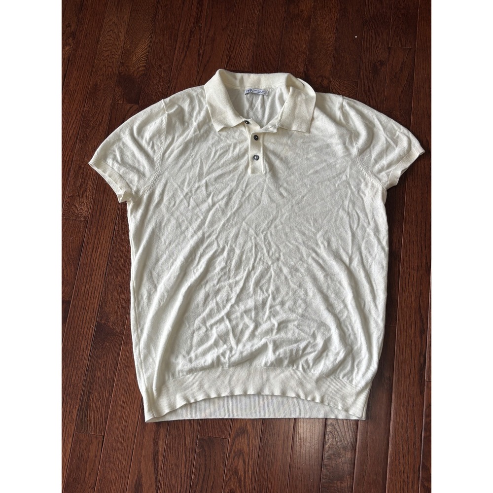 Zara Mens  Polo Shirt Off White Cream Short Sleeve Large Button Up Sweater